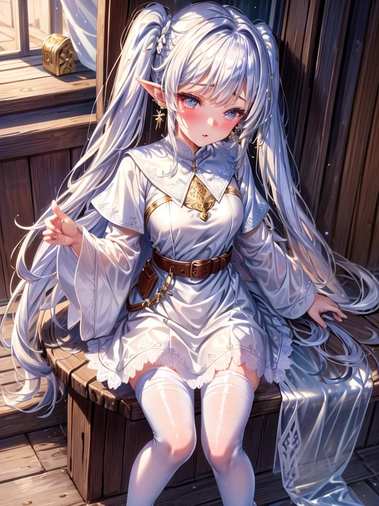 (masterpiece, Highest quality), Intricate details, One Girl, frozen, Long Hair, Pointy Ears, jewelry, Earrings, Twin tails, Long sleeve, Capelet, white Capelet, dress, Raise your bangs, white dress, belt, pantyhose、Wet floor、Wet feet