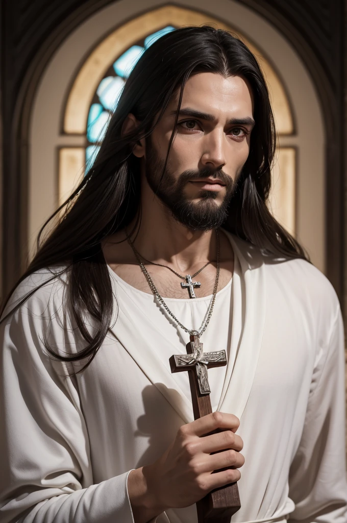Close-up of a man holding a cross and a rosary, jesus Cristo, Retrato de jesus Cristo, Vestido como jesus Cristo, 《mass effect》em jesus Cristo, king of kings, jesus de Nazaré, jesus Cristo aparato contundente, Cyberpunk jesus Cristo, jesus desperdiçado na reunião, jesus face, author:Roman Bezpalkiv., the lord and savior, jesus