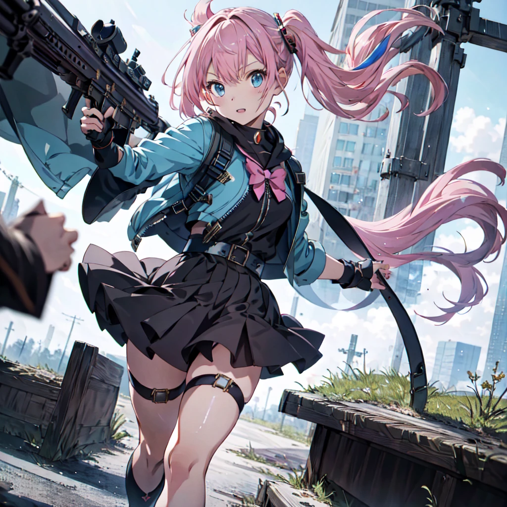 One Girl、[17277fbe68],threatened hideo、high quality、Maximum details、(((最high quality、masterpiece、Official Art、Best Dynamic Composition)))、(Thin Hair)、(Tabletop, 最high quality), Very detailed, Anime Style, whole body, Cyberpunk Girl, Gripping a high-tech rifle, Milky white and pink hair, Sparkling Blue Eyes, Wearing a magical girl costume , 8K high resolution, Trend Art Station, White Background, Standing in the Wilderness, whole body,