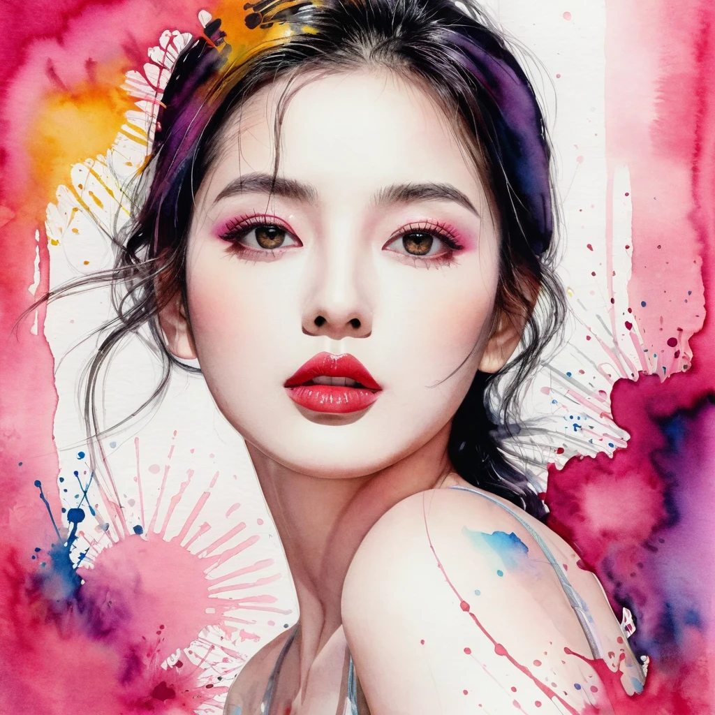 Beautiful woman portrait, Sylvia Pelissero watercolors, Beautiful Eyes、 Abstract art, Intense watercolor, Watercolor detailed art, Surreal, Avant-garde pop art, Beautiful and expressive paintings, Beautiful artwork illustration, Pink tones, wonderful, Cool Beauty, Highest quality,Official Art, women only, Sharp contours, Best Shot, Vector art, Lips in Love、 (((The most beautiful women in history))), (((Japanese)))、clear, (((Highest quality))), Lips in Love, High resolution, ((Detailed explanation)), Detailed garment texture, (((Graffiti art))), ((masterpiece))、((Very detailed))