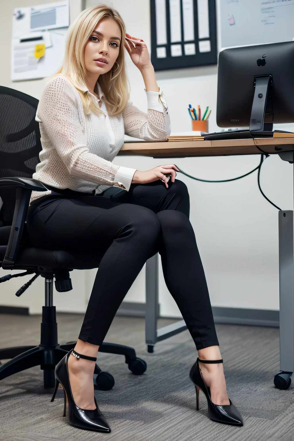 high quality,16K:1.1),((, German woman sitting in an office chair, 、Blonde Hair、((Office Lady Suits、Pants Style)), tights,,、 Curvy,(View your audience:1.3),(Full Body Shot:1.2),(Background is Office 1.2),