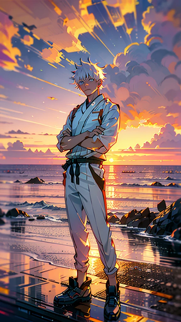 
Gojo Satoru, solo, standing on a vibrant tropical beach at sunset, live-action style, vibrant sunset hues, arms crossed, looking at the horizon with a calm demeanor, rim light on white hair, glowing blue eyes, wearing a modern black and white outfit with vibrant sunset reflections, highest quality, masterpiece