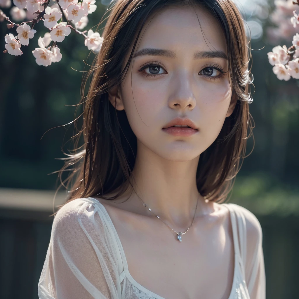 a beautiful young girl, sad expression, endless waiting, long longing, cherry blossom petals falling, broken heart, 1girl, beautiful detailed eyes, beautiful detailed lips, extremely detailed face and features, long eyelashes, melancholy, oil painting, highly detailed, cinematic lighting, muted color palette, dramatic composition, dreamlike atmosphere, (best quality,4k,8k,highres,masterpiece:1.2),ultra-detailed,(realistic,photorealistic,photo-realistic:1.37),digital painting,dramatic lighting,moody,sentimental,emotional,wistful