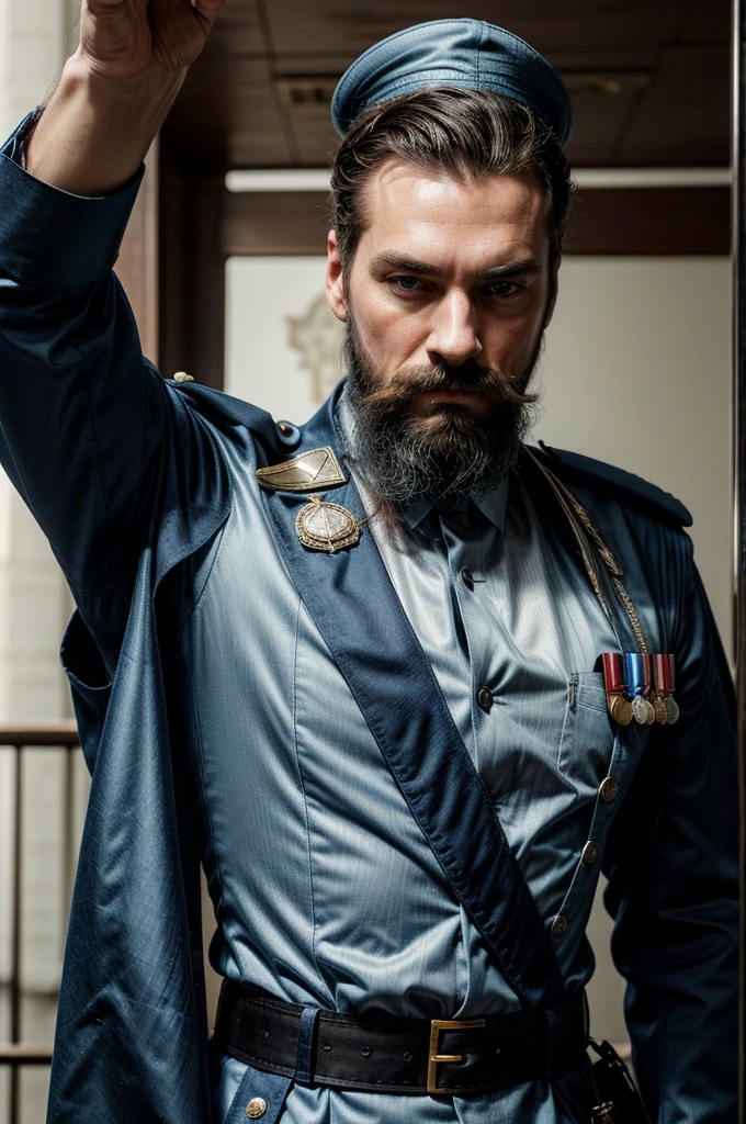 A tall, imposing figure with piercing blue eyes that seem to see through any façade. His face is framed by a neatly trimmed beard and mustache, both streaked with silver. Deep lines crease his forehead and the corners of his eyes, evidence of many years spent in strategic planning and battle. His uniform, adorned with brass buttons and epaulettes, is immaculate, showcasing his unwavering dedication to duty.