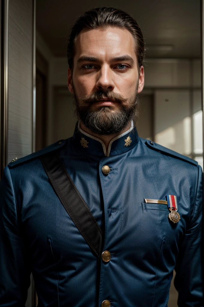 A tall, imposing figure with piercing blue eyes that seem to see through any façade. His face is framed by a neatly trimmed beard and mustache, both streaked with silver. Deep lines crease his forehead and the corners of his eyes, evidence of many years spent in strategic planning and battle. His uniform, adorned with brass buttons and epaulettes, is immaculate, showcasing his unwavering dedication to duty.