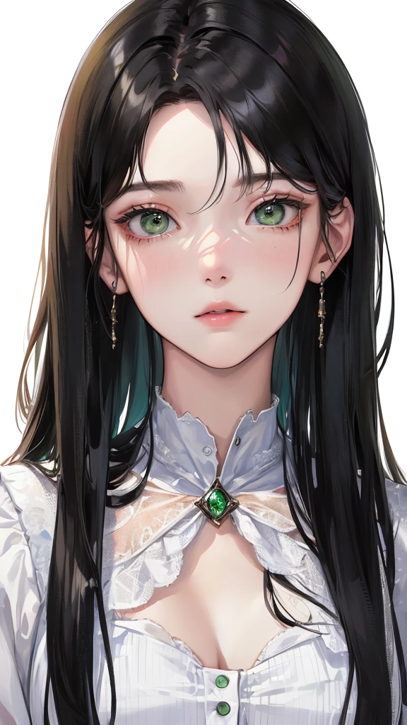 (Top resolution、Distinct_image)top-quality、female 、masterpiece、highly detailed、Semi-realistic、black hair , green eyes、18year old、young、Cool Street wears 、Exquisite facial features、Facial features、unique hairstyle, variations, potrait, white background