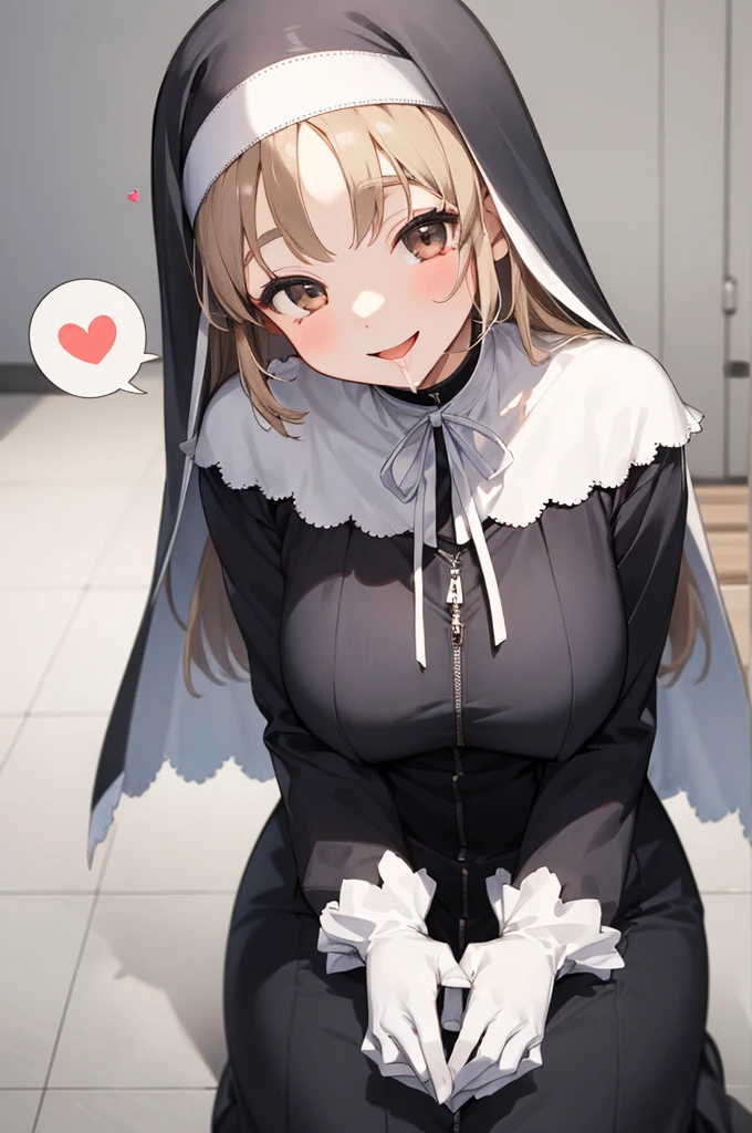 aasister, long hair, nun, habit, white capelet, neck ribbon, (black dress:1.2), long sleeves, white gloves, full-length zipper,huge breasts,expressionless,(handjob:1.5),(((spoken heart)))