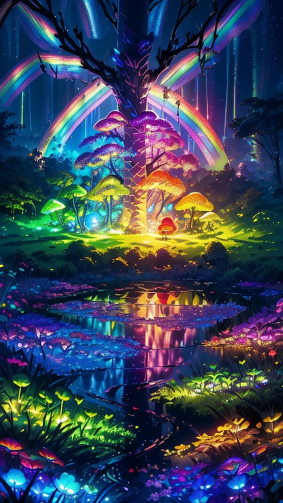 Enchanting Mystical Forest, Neon colored butterflies, Pure blue water river fountain, Golden Mini Fairy, A glowing mushroom that releases pollen, extremely beautiful landscape, (Ultra-realistic), {Highly detailed 8k CG unit wallpaper}, expansive landscape photography, (Low perspective that prioritizes the entire scene, (Wide々Clear visibility), (Low angle shot), (highlight: 1.5), (Low Light: 1.0), (Warm light source: 1.0), Intricate details, (Rainbow colors: 1.5), (Bright lighting), (Atmospheric lighting), nature, Magic, landscape