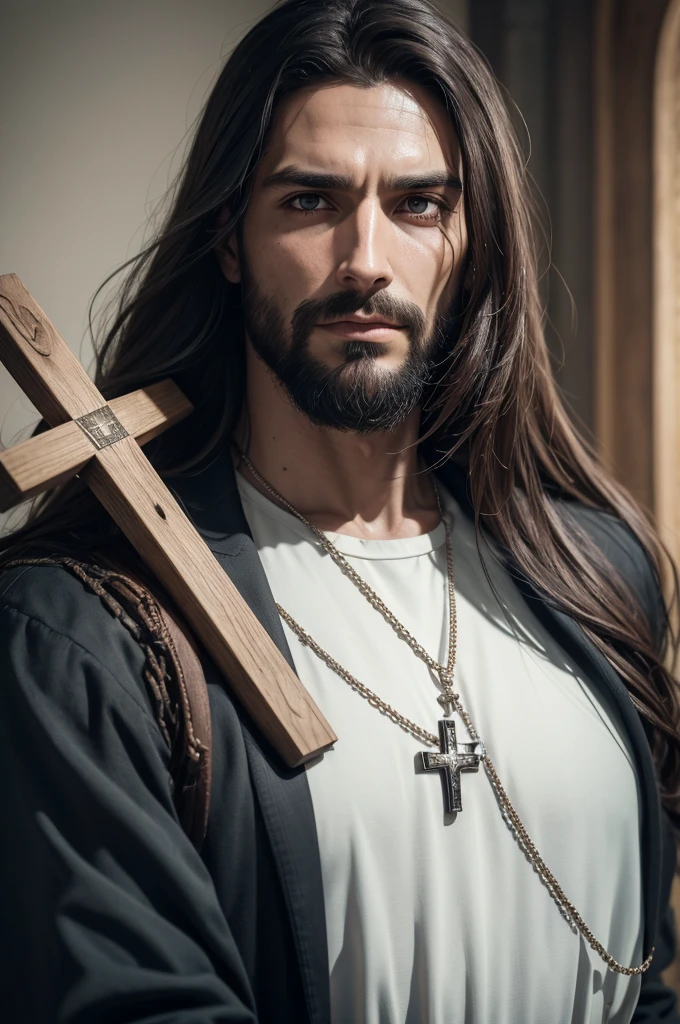 Close-up of a man holding a cross and a rosary, jesus Cristo, Retrato de jesus Cristo, Vestido como jesus Cristo, 《mass effect》em jesus Cristo, king of kings, jesus de Nazaré, jesus Cristo aparato contundente, Cyberpunk jesus Cristo, jesus desperdiçado na reunião, jesus face, author:Roman Bezpalkiv., the lord and savior, jesus