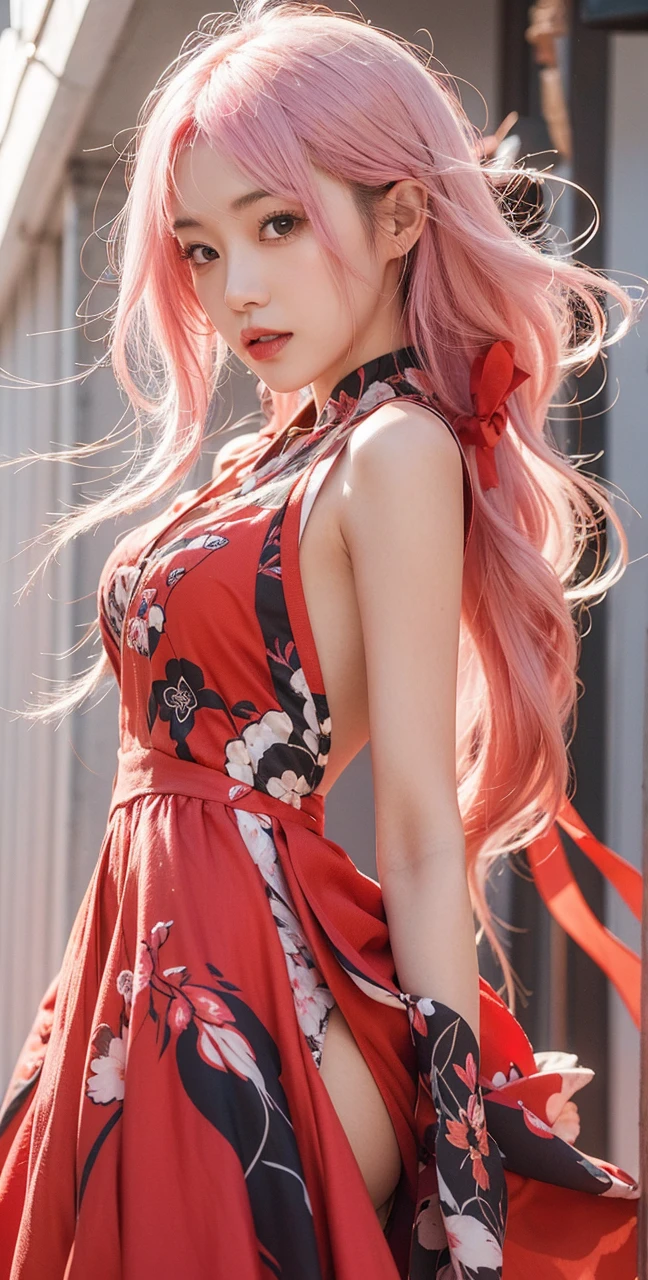 Beautiful Japanese Waifu, early 30s, pink hair, red dress