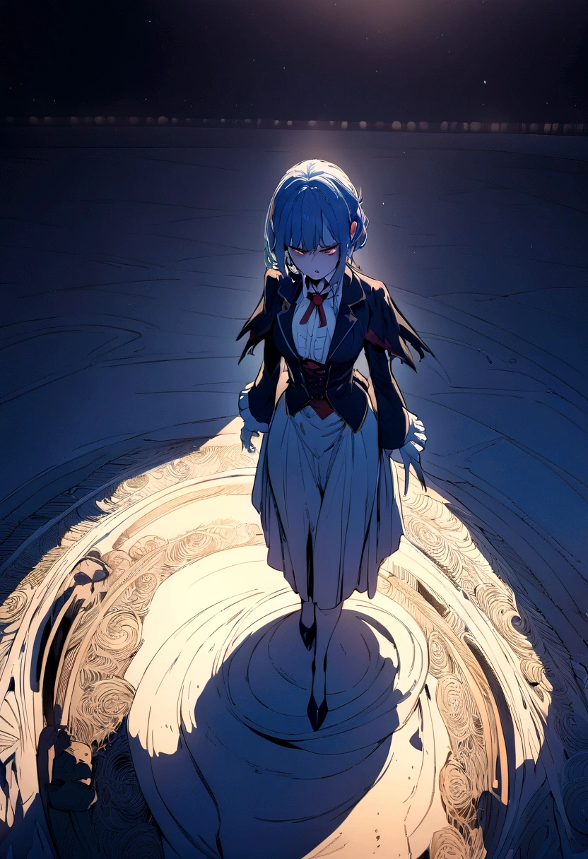 (masterpiece:1.4), (best quality:1.4), extremely detailed, intricate, hyper detailed, illustration,soft lighting, scenic, 1girl, disgust, Navy blue hair, colorful, colorized, from_above ,vampire_costume , runway