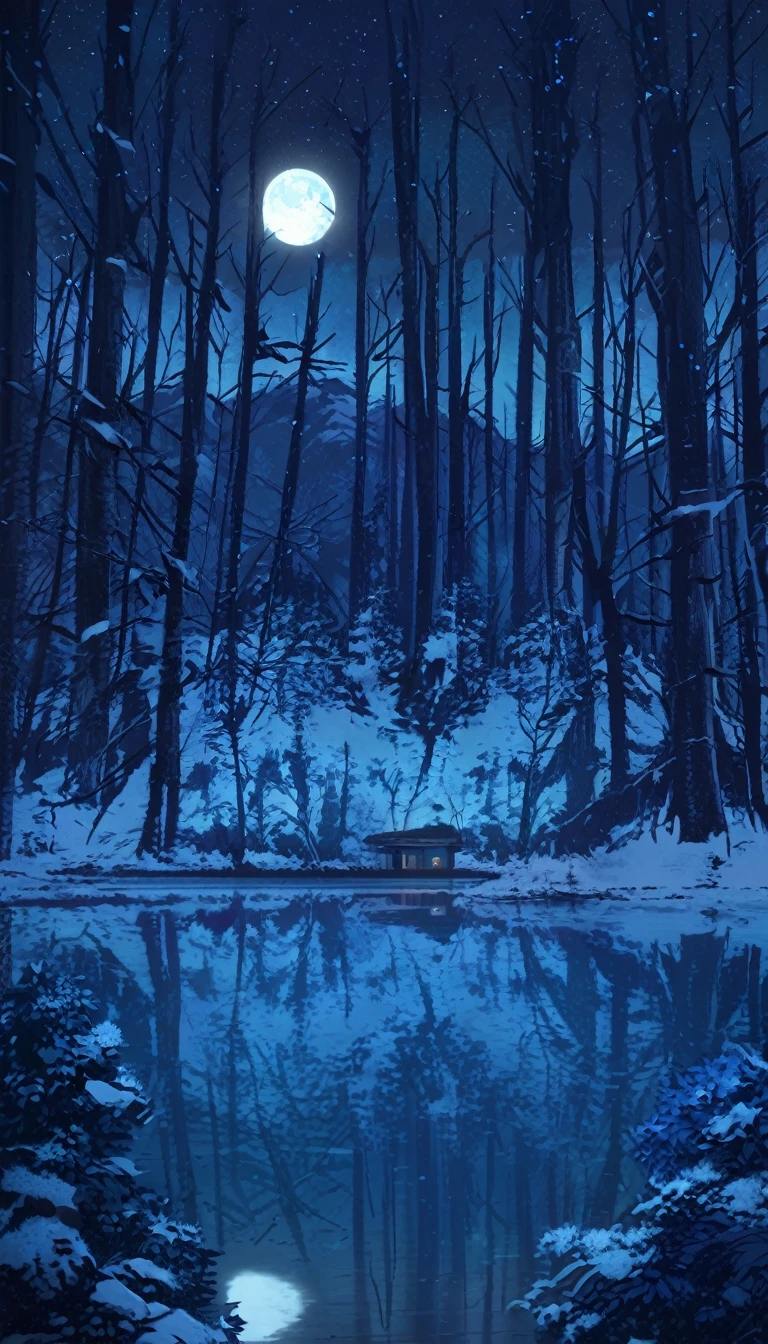 scenery,No humans, null, moon, star (null), night, reflection, starry null, wood, night null, nature, snow, full moon, forest, cloud, 惑star, winter, lake, wood, Blue Theme, window, nature, indoor, Overgrown, forest,
Location of Anime World,