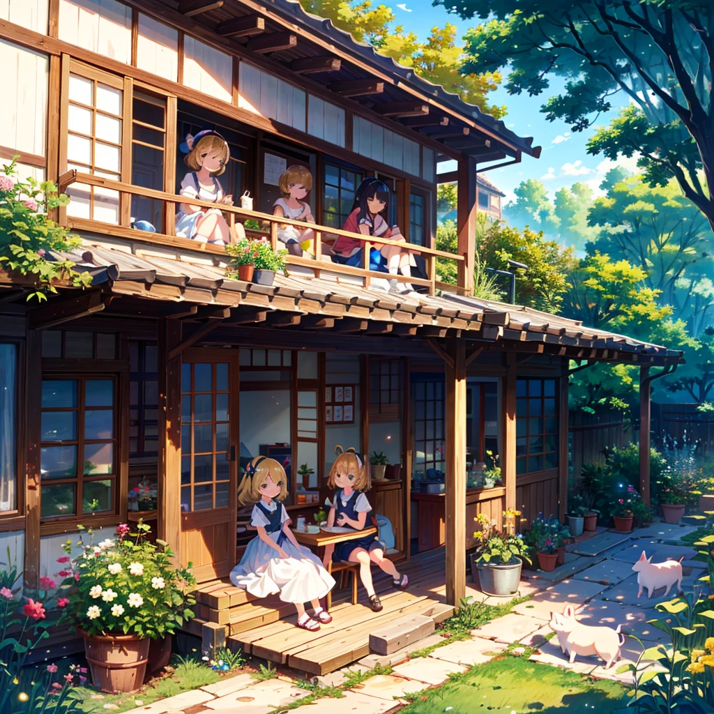 High-definition background, bright and beautiful atmosphere, 3 girls (2 years old, (1 short-tempered round face), (1 child)) (hair, surface effect), color effect), small breasts, blonde, veranda, very Cute clothes, a girl sitting on the veranda, many mini pigs in the garden, mini pigs relaxing on the veranda, "deltamon_sdXL :0.73) >Deltamon immediately refuses.