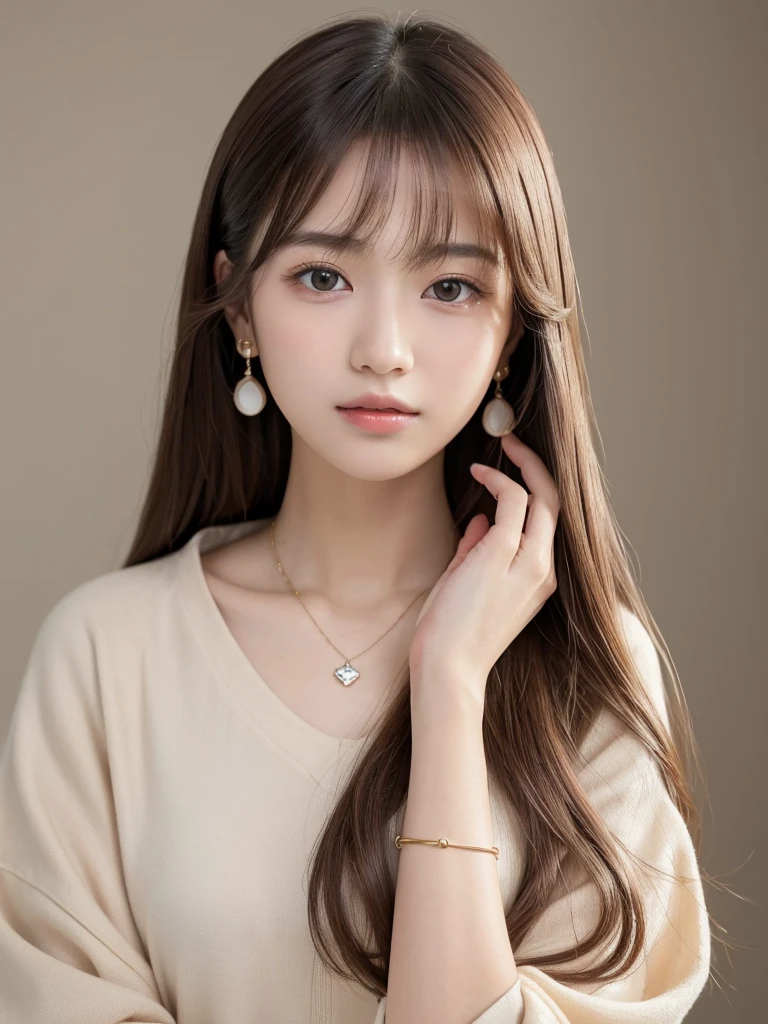 ((Highest quality, 8K, masterpiece:1.3)), concentrated: 1.2, Perfect Body Beauty: 1.4, Hip: 1.2, ((Long Hair, chest: 1.2)), (Dry clothes: 1.1) , (clear, Simple Background:1.3), Simple clothes: 1.1, Highly detailed face and skin texture,Delicate eyes, double eyelid, White skin, Rough skin、Long Hair、Bangs with earrings、necklace、 alone、Beige coat、White shirt, (((Cute Japanese Girl)))、 ((Beautiful Japanese woman 20 years old))、 (())、 (((Slender body)))、 Upper Body,Face Focus、necklace,Simple Background,From above, Realistic Hair、 The photo was taken:Canon EOS R6、135mm、1/1250 seconds、F2.8、ISO400、(Detailed description of the hand)、(Masseter region)、(Exquisite CGI)、Long Hair, Smooth and straight hair、Korean Hair、Long Hair明るいベージュ色、グラデーションハイライトグレージュのゆるふわLong Hairスタイル、