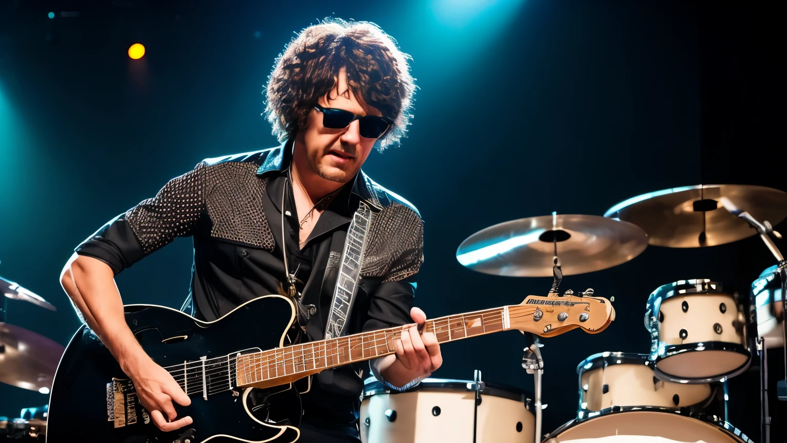 create a rock star playing blues rockon stage, short hair,realistic,8k, uhd,