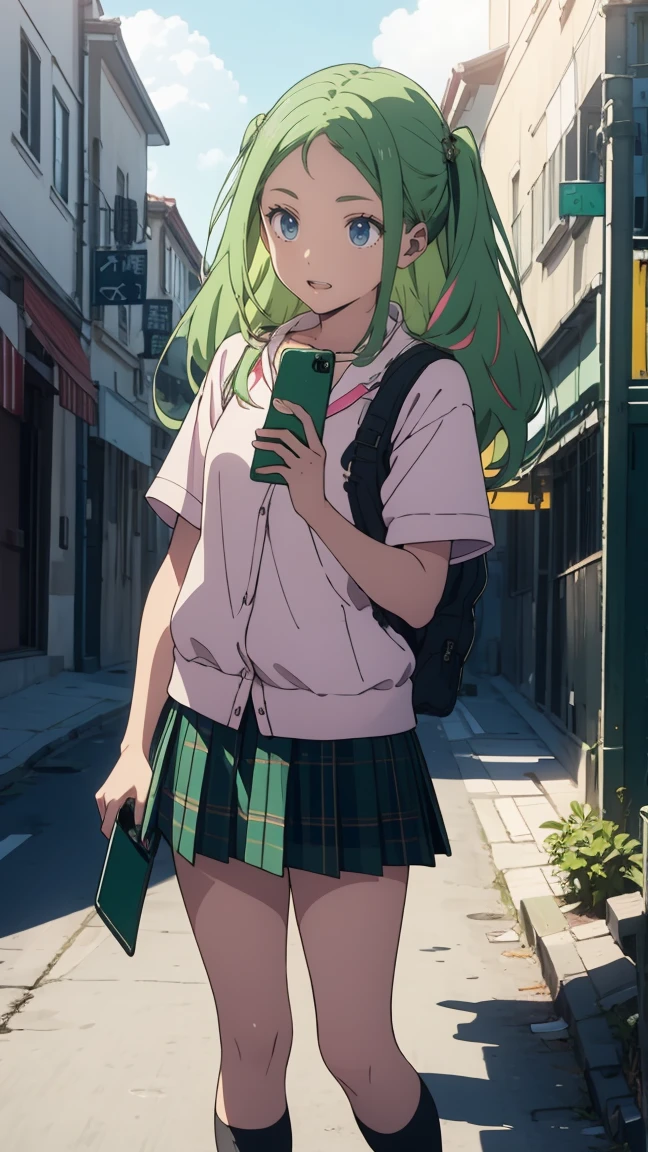 {{kofune ushio}}, {サマータイムレンダリング}, Volume hair, soft hair, emerald green hair and pink inner color, wavy hair, gradation hair, green hair, side braids, wavy hair, two side up, cloud hair, emerald green eyes, high school girl, Cheerful and active, blonde clip, loose socks, plaid skirt, holding smartphone, on the street, (best) quality, 4K, 8K, high resolution, masterpiece: 1.2), ultra-definition, bright colors, soft lighting
