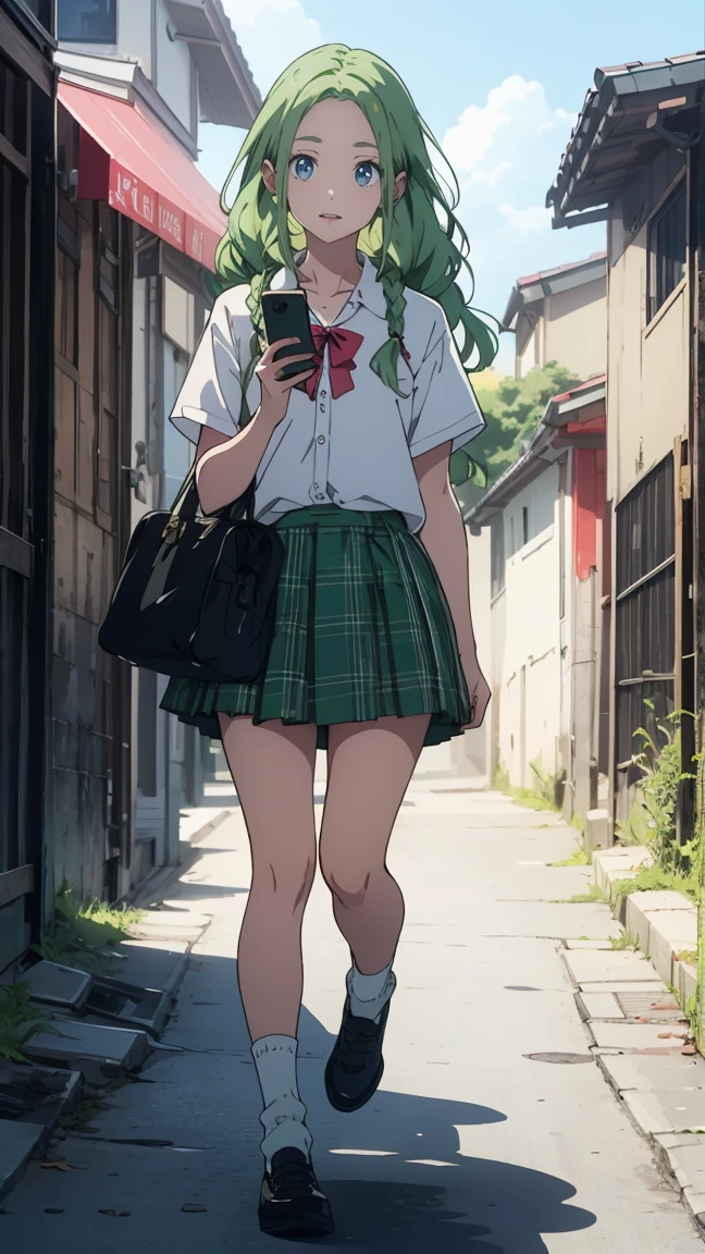 {{kofune ushio}}, {サマータイムレンダリング}, Volume hair, soft hair, emerald green hair and pink inner color, wavy hair, gradation hair, green hair, side braids, wavy hair, two side up, cloud hair, emerald green eyes, high school girl, Cheerful and active, blonde clip, loose socks, plaid skirt, holding smartphone, on the street, (best) quality, 4K, 8K, high resolution, masterpiece: 1.2), ultra-definition, bright colors, soft lighting
