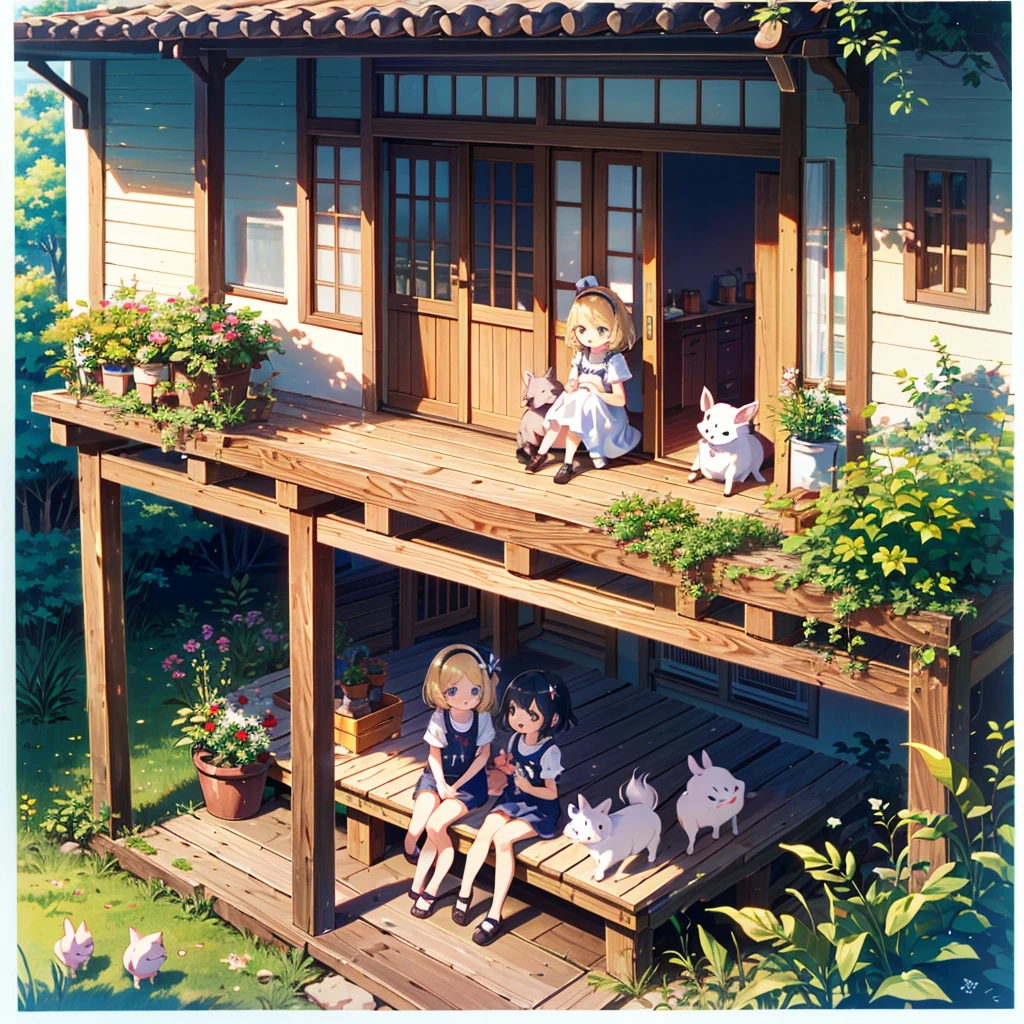 High-definition background, bright and beautiful atmosphere, 3 girls (2 years old, (1 short-tempered round face), (1 child)) (hair, surface effect), color effect), small breasts, blonde, veranda, very Cute clothes, a girl sitting on the veranda, many mini pigs in the garden, mini pigs relaxing on the veranda, "deltamon_sdXL :0.73) >Deltamon immediately refuses.