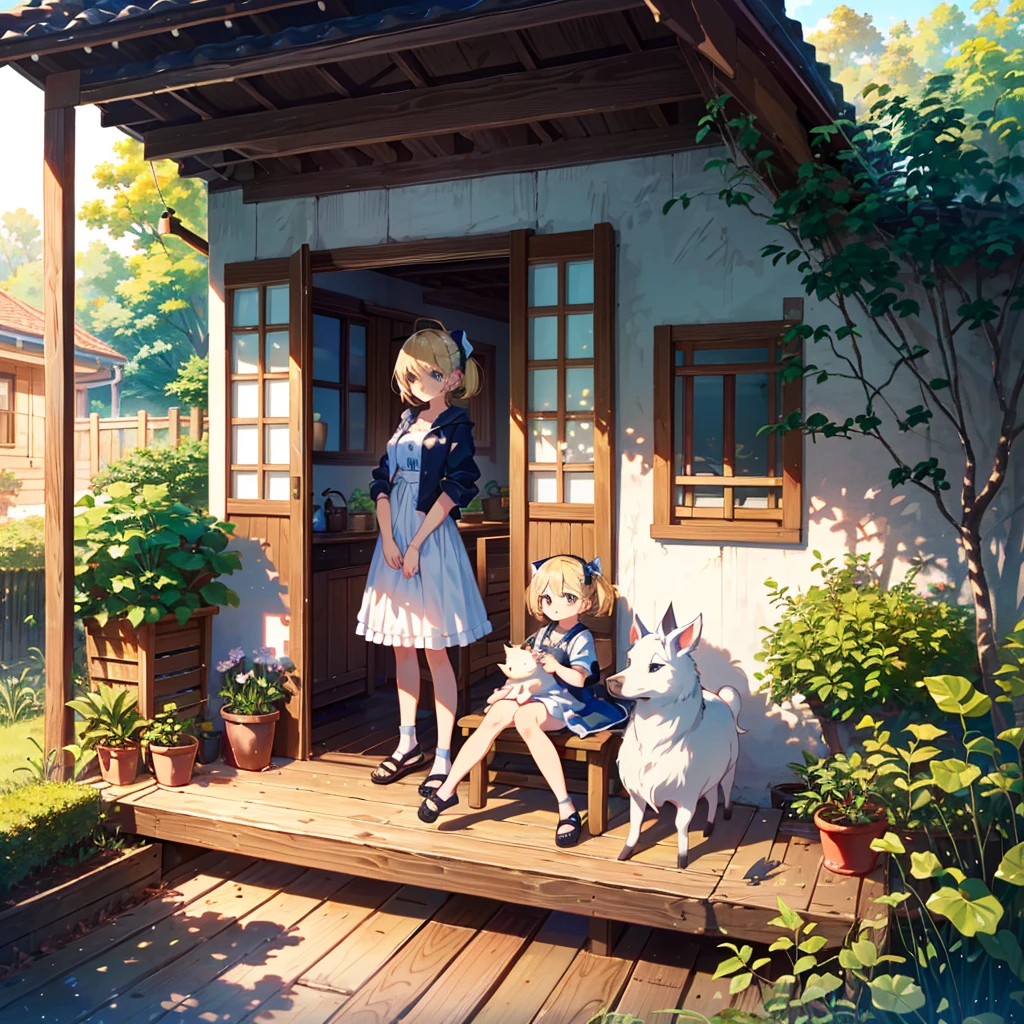 High-definition background, bright and beautiful atmosphere, 3 girls (, (1 short-tempered round face), (1 child)) (hair, surface effect), color effect), small breasts, blonde, veranda, very Cute clothes, a girl sitting on the veranda, many mini pigs in the garden, mini pigs relaxing on the veranda, "deltamon_sdXL :0.73) >Deltamon immediately refuses.