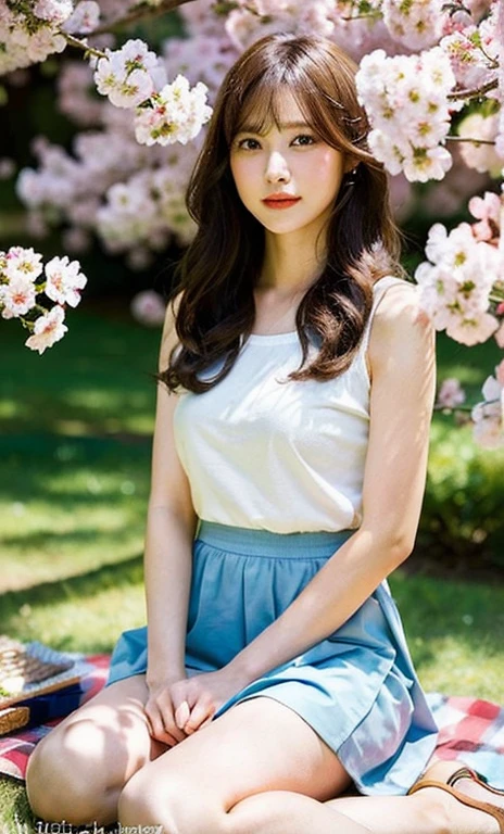 ((masterpiece)), ((best quality)), ((ultra-detailed)), ((photorealistic)), 2girls, (beautiful Japanese women:1.2), (20 years old), (normal body type), (cute:1.3), (outdoor:1.1), (cherry blossom viewing), (sitting on picnic blanket), (short skirts), (cheerful expressions), (spring season), (flower petals falling), (sunny day), (detailed light), (vibrant colors), (natural background), (perfect anatomy), (detailed hair and eyes), (soft shadows), (panty shot)
