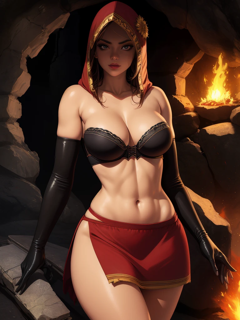Dsorceress, shadowy face,dark cave, fire, hood, shadowed face, strapless bra, slim and athletic body, miniskirt, no panty, elbow gloves, dark skin, 1 girl (insanely detailed, masterpiece, best quality)
