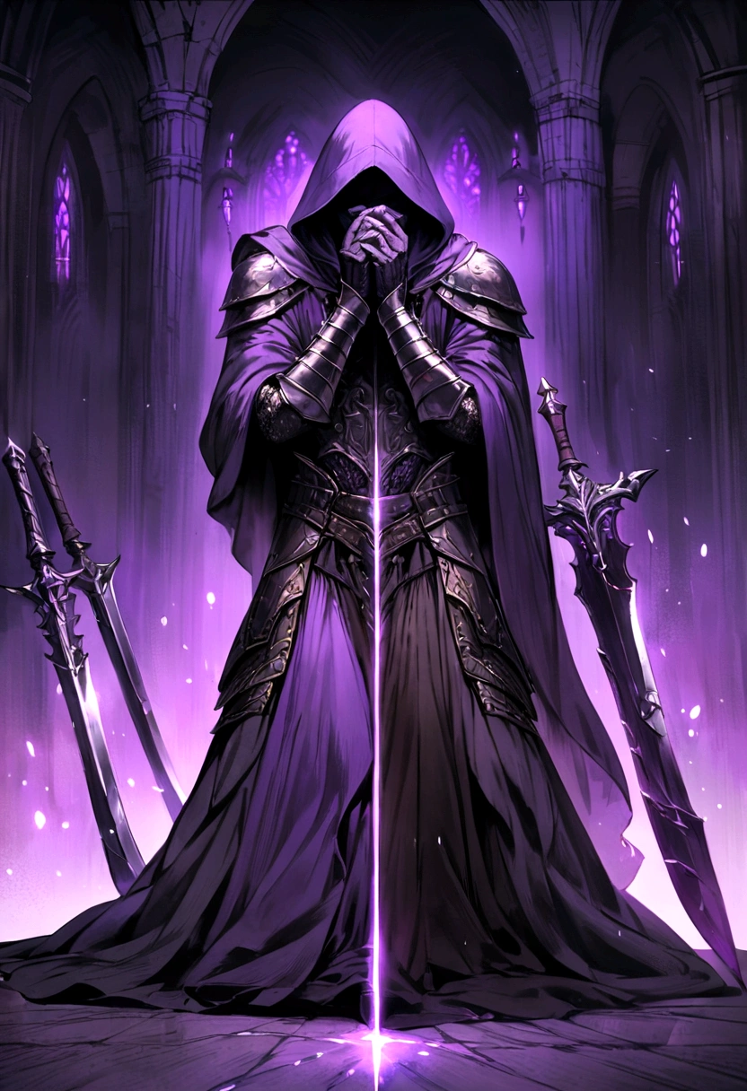 Priest Warrior, his two hands hold two large dark blades, that scratch the floor, Full body, Two purple lights come out of his eyes, dark fantasy style, Clothes and armor dyed black, with a hood, that covers his face