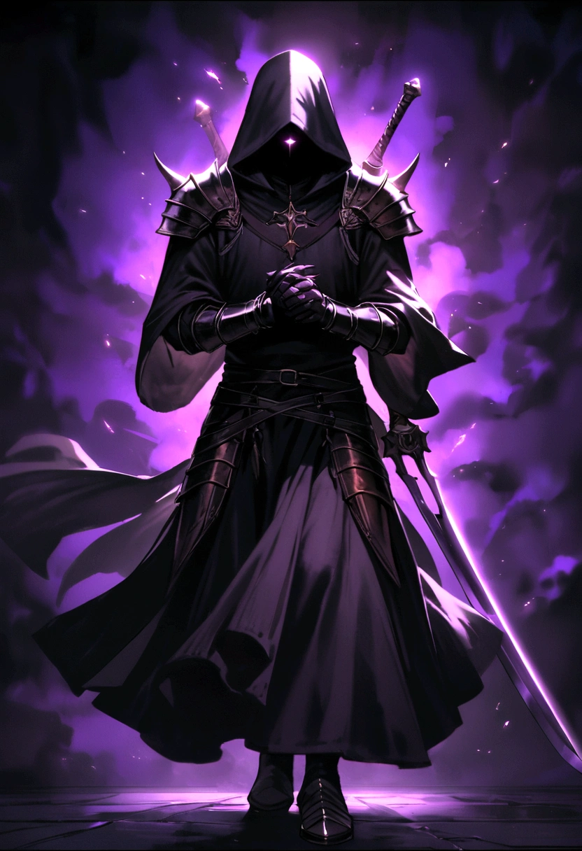 Priest Warrior, his two hands hold two large dark blades, that scratch the floor, Full body, Two purple lights come out of his eyes, dark fantasy style, Clothes and armor dyed black, with a hood, that covers his face