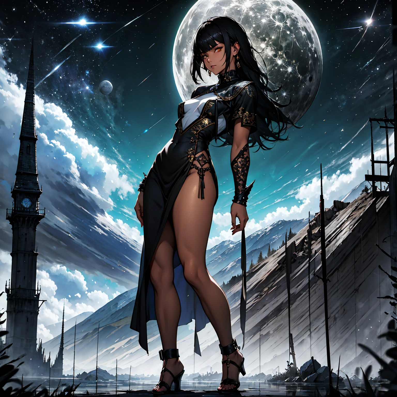 1girl (Solo), bob hair with bangs, black hair, flat chest, small size, golden eyes, tanned skin, serious face, lot of blood, nude, full body, dark magic, night, white moon, medieval castle, mountain behind, very sexy body, detailed face, highly detailed, 8k, best quality, masterpiece, vibrant colors, digital art, concept art