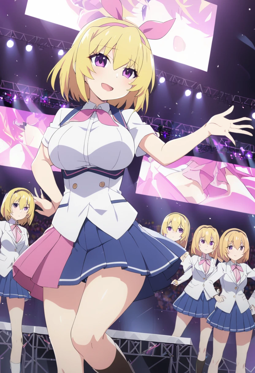 houjousatoko, short hair, Blonde, Purple eyes ,hair band, Large Breasts, , Pink ribbon, skirt,　Live Stage