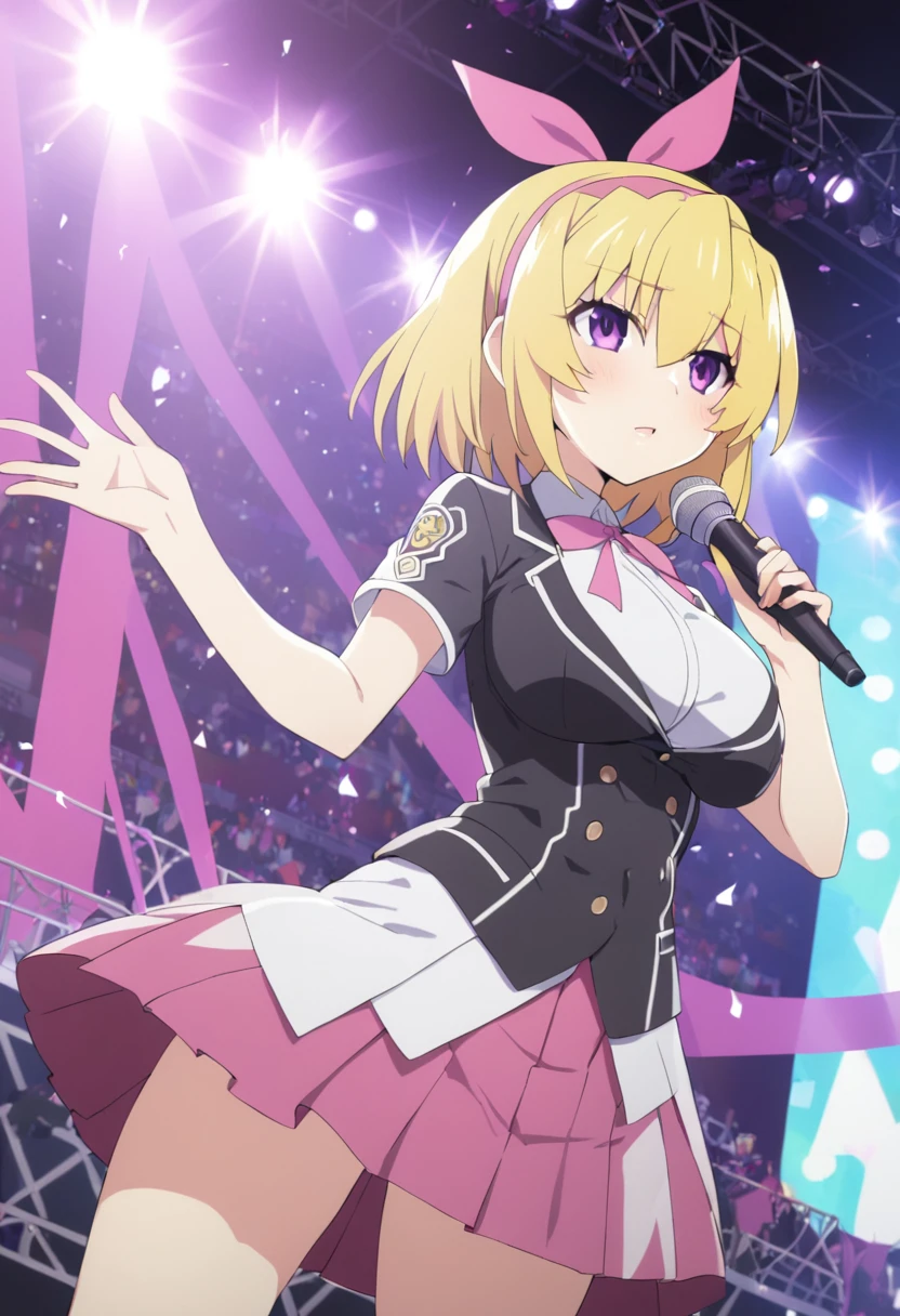 houjousatoko, short hair, Blonde, Purple eyes ,hair band, Large Breasts, , Pink ribbon, skirt,　Live Stage