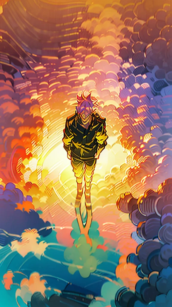 
Gojo Satoru, solo, standing on a vibrant tropical beach at sunset, live-action style, vibrant sunset hues, arms crossed, looking at the horizon with a calm demeanor, rim light on white hair, glowing blue eyes, wearing a modern black and white outfit with vibrant sunset reflections, highest quality, masterpiece