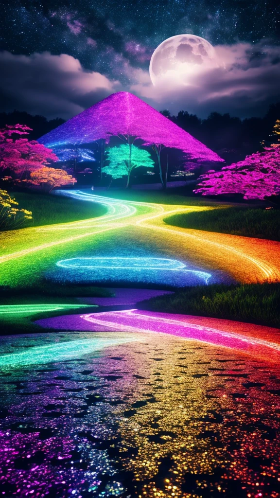 Highest quality, 32k, RAW Photos, Incredibly absurd, Very detailed, delicate texture, Beautiful and fantastic painting, Glitter effect, Fantasy, Beautiful rainbow unicorn, delicate, Flashy and dynamic depiction, 3d, Move, art, Background Heaven, Flowers, Milky Way, Giant magic circle, Pale Full Moon, Static electricity, discharge, Geometric pattern, irregularity, mysterious, A sign that something is happening, wide space at night, Night Sky, colorful, Rainbow colored neon line lights, image processing with mysterious effects