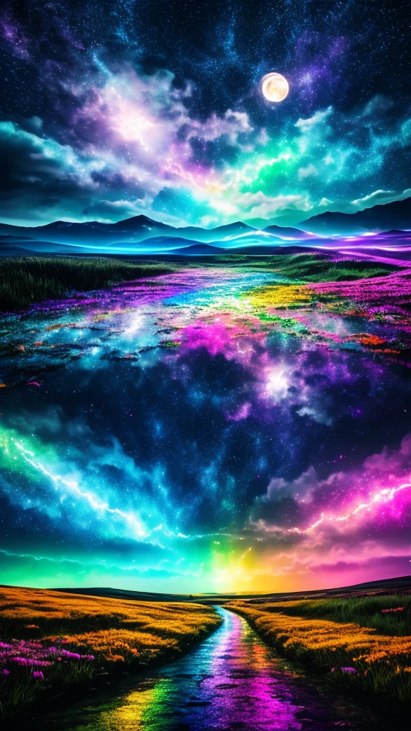 Highest quality, 32k, RAW Photos, Incredibly absurd, Very detailed, delicate texture, Beautiful and fantastic painting, Glitter effect, Fantasy, Beautiful rainbow unicorn, delicate, Flashy and dynamic depiction, 3d, Move, art, Background Heaven, Flowers, Milky Way, Giant magic circle, Pale Full Moon, Static electricity, discharge, Geometric pattern, irregularity, mysterious, A sign that something is happening, wide space at night, Night Sky, colorful, Rainbow colored neon line lights, image processing with mysterious effects