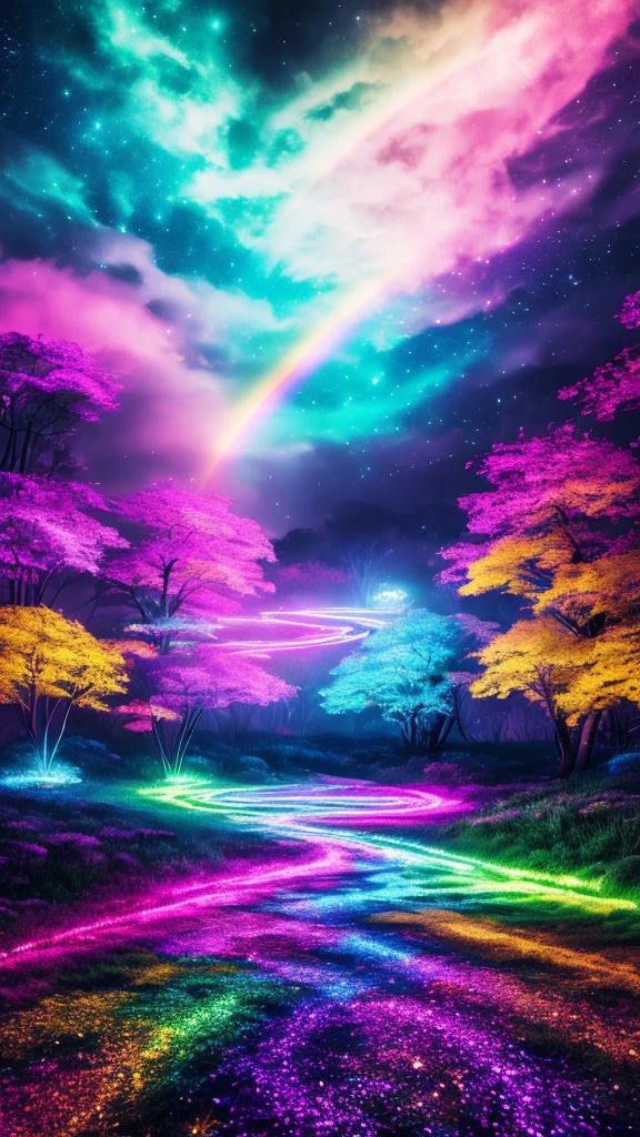 Highest quality, 32k, RAW Photos, Incredibly absurd, Very detailed, delicate texture, Beautiful and fantastic painting, Glitter effect, Fantasy, Beautiful rainbow unicorn, delicate, Flashy and dynamic depiction, 3d, Move, art, Background Heaven, Flowers, Milky Way, Giant magic circle, Pale Full Moon, Static electricity, discharge, Geometric pattern, irregularity, mysterious, A sign that something is happening, wide space at night, Night Sky, colorful, Rainbow colored neon line lights, image processing with mysterious effects