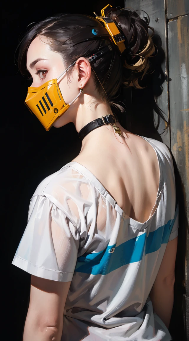 vCreate cyberpunk background, beautiful cyborg woman wearing futuristic mask, lifelike face, 8K, ultra realistic, tecnology, neon colors, detailed back ground. ector t-shirt design ready to print,in the style of cyberpunk futurism, Inca influence, etam cru, RED and gold, michael creese, steelpunk, michael hussar, Inca wall backgrond