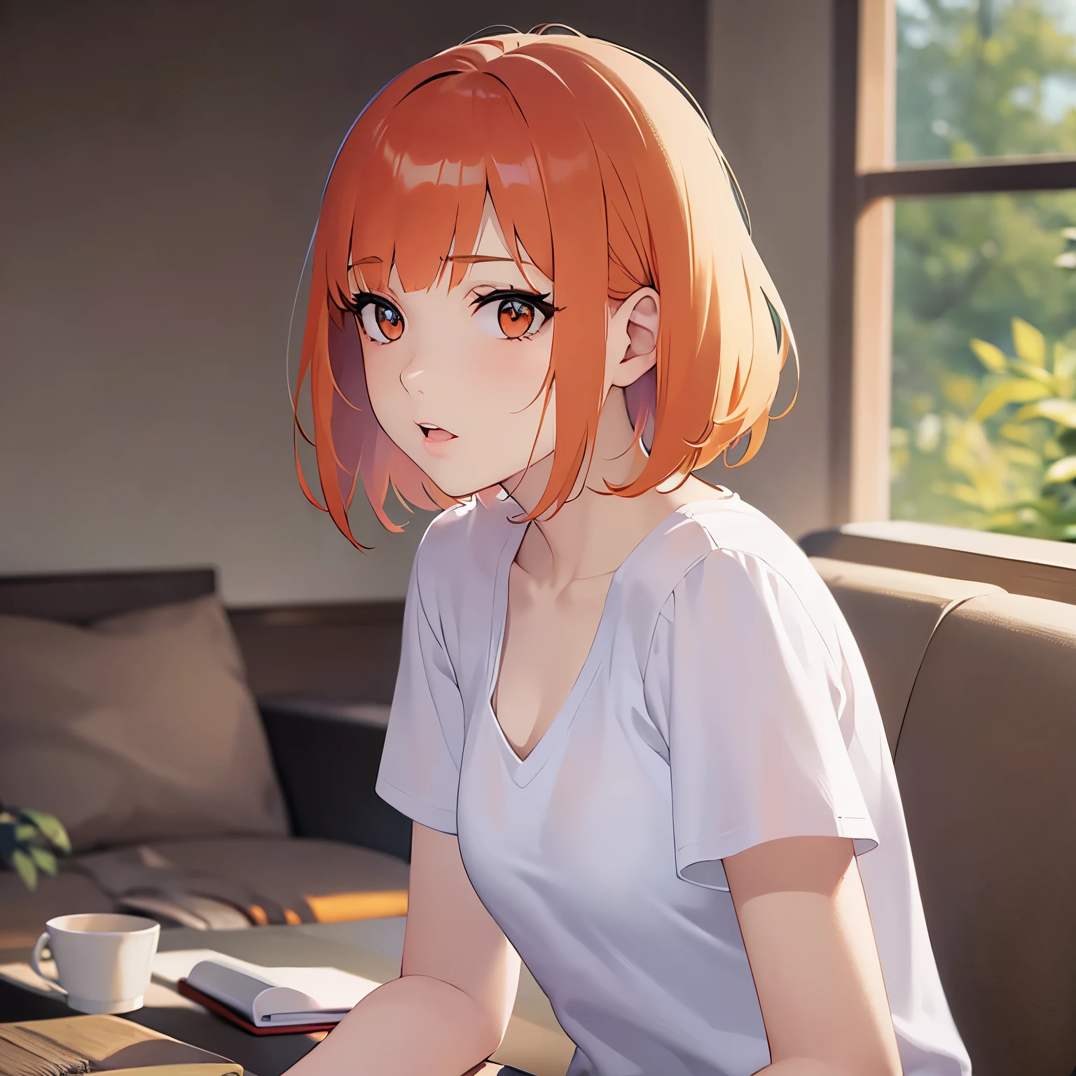 （looking away:1.5),Side shot,
 Realistic, real person, (pale skin: 1.2), RAW photo, photorealistic, shiny skin, shiny hair、(A 25-year-old woman with a bob cut and bangs) and (orange hair) and (Orange Eyes) , Wearing a white V-neck T-shirt 、Concerned、The background is the living room、Alone