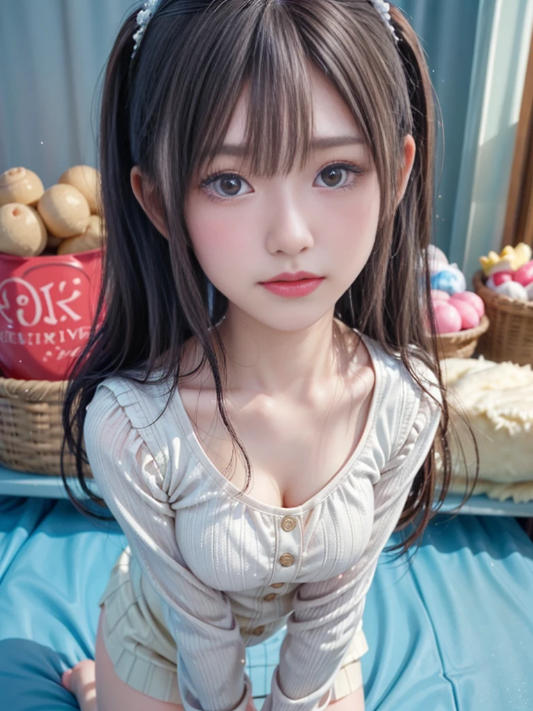 girl, Cute and innocent look, Rosy Cheeks, Sparkling eyes, Warm winter clothes, Dynamic pose, Gentle and subtle lighting, Pastel Color Palette, Dreamy atmosphere, Quirky and magical, High-definition masterpiece:1.2, Very detailed, Realistic:1.37, Bright colors, Baby Face、Wet clothes