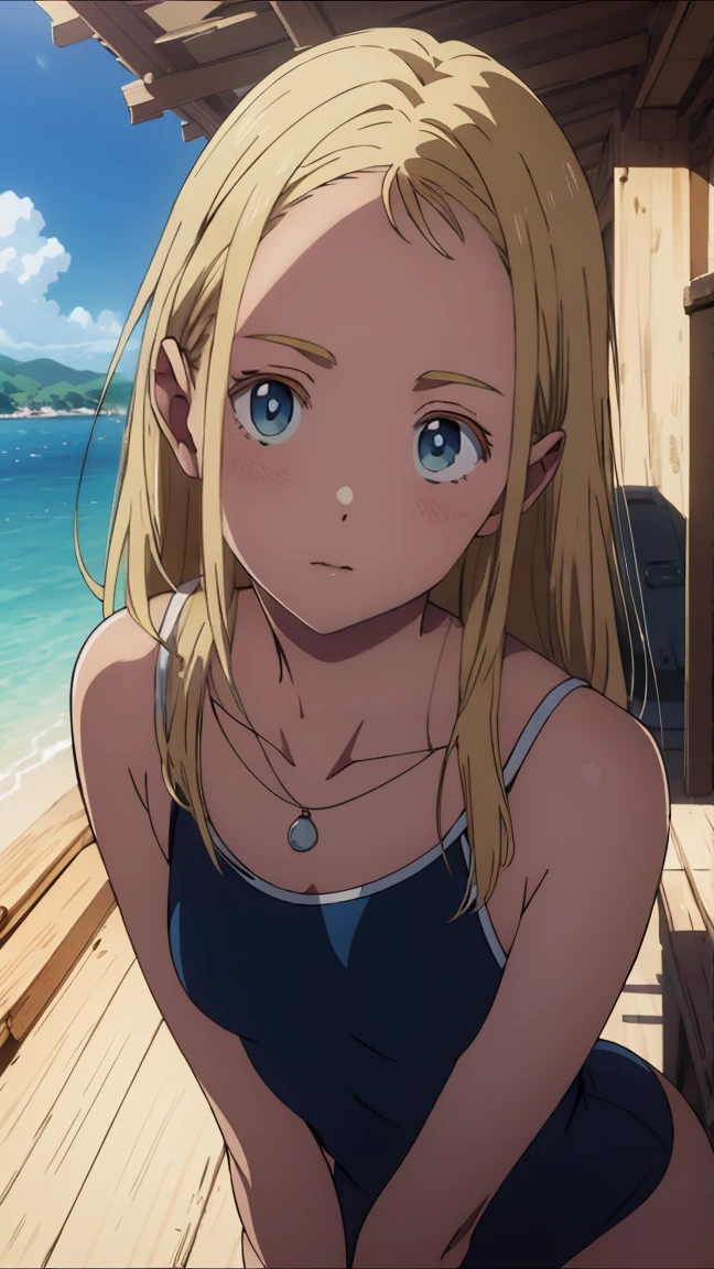 {{Small boat tide}}, {Daylight Saving Time Rendering}, Shining sky blue eyes, Long blonde hair, Medium Chest, Blue one piece swimsuit, Expose your shoulders, barefoot, School Swimsuit, Inside the shell, (上面shape:1.2),(A face waiting for a kiss:1.3), (blush:1.5), One Girl, alone,so beautiful, Highest quality, Great quality, curated, shape, Very detailedな, Anime Coloring,close up face BREAK Very detailed, Official Art, unity 8k wallpaper, Night ocean background breaks golden hour, (Rim Light):1.2, Warm tones, Solar flare, Soft Shadows, Vibrant colors, Painterly effect, Dream-like atmosphere BREAK Beautiful sea, Calm water, reflection, Clouds illuminated by the moon, Peaceful atmosphere, Beautiful starry sky, Very detailed, Official Art, unity 8k wallpaper , (Browsing Caution:1.3)
 Side view, Front view, look up, Looking down, Rear View, 20-degree head view