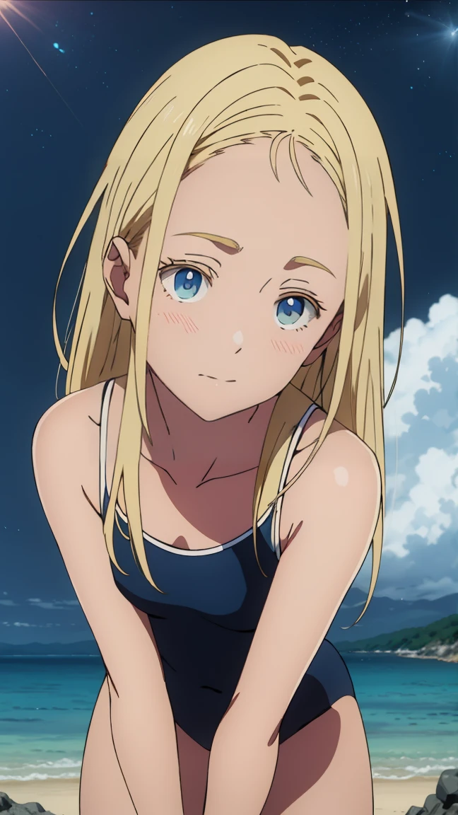 {{Small boat tide}}, {Daylight Saving Time Rendering}, Shining sky blue eyes, Long blonde hair, Medium Chest, Blue one piece swimsuit, Expose your shoulders, barefoot, School Swimsuit, Inside the shell, (上面shape:1.2),(A face waiting for a kiss:1.3), (blush:1.5), One Girl, alone,so beautiful, Highest quality, Great quality, curated, shape, Very detailedな, Anime Coloring,close up face BREAK Very detailed, Official Art, unity 8k wallpaper, Night ocean background breaks golden hour, (Rim Light):1.2, Warm tones, Solar flare, Soft Shadows, Vibrant colors, Painterly effect, Dream-like atmosphere BREAK Beautiful sea, Calm water, reflection, Clouds illuminated by the moon, Peaceful atmosphere, Beautiful starry sky, Very detailed, Official Art, unity 8k wallpaper , (Browsing Caution:1.3)
 Side view, Front view, look up, Looking down, Rear View, 20-degree head view