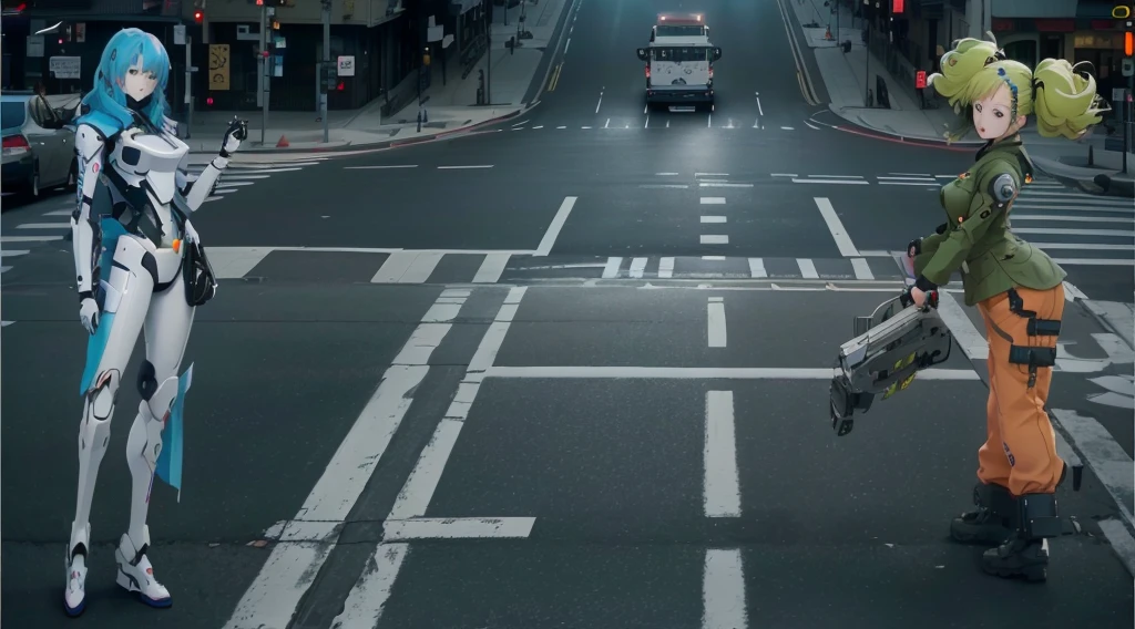 anime characters in a city street with a car and a bus, crossing road, intersection, crosswalks, video still, hyperreal movie shot, robot art cracking the road, cinematic long shot, cinematic still frame, anamorphic cinematography, cinematic shot ar 9:16 -n 6 -g, cinematic still, shot from cinematic, cinematic stillframe, crosswalk