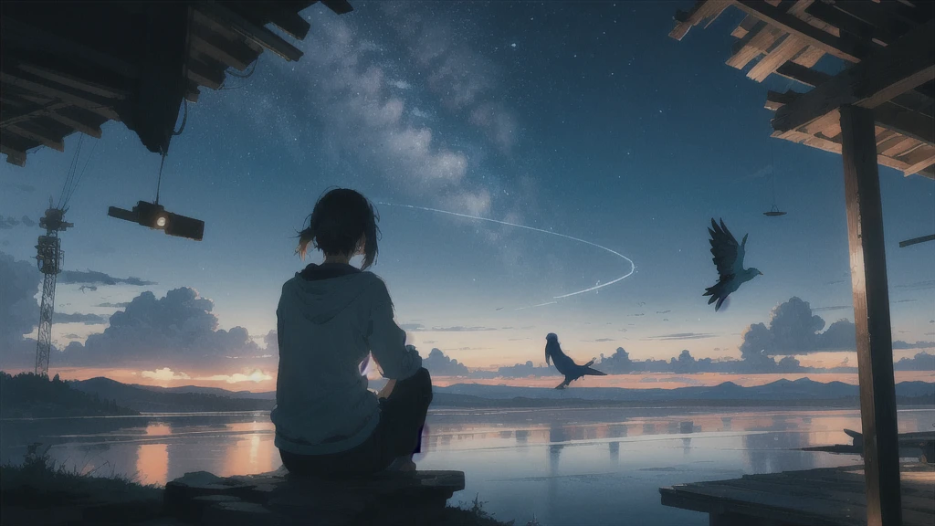 真っ暗なnight空,Octane, star (null), scenery, Blue parakeet,The acoustic guitar is in front of the body.,star, night, One Girl, Back view, alone, Outdoor, city,river,Blue parakeet,building, cloud, 天のriver, Sitting with knees held at chest height,silhouette