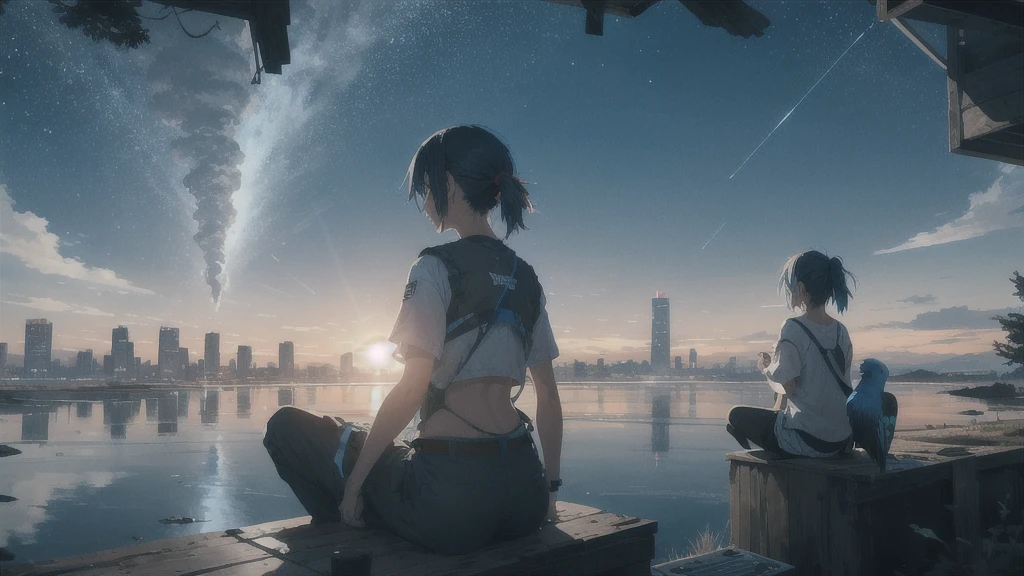 真っ暗なnight空,Octane, star (null), scenery, Blue parakeet,The acoustic guitar is in front of the body.,star, night, One Girl, Back view, alone, Outdoor, city,river,Blue parakeet,building, cloud, 天のriver, Sitting with knees held at chest height,silhouette