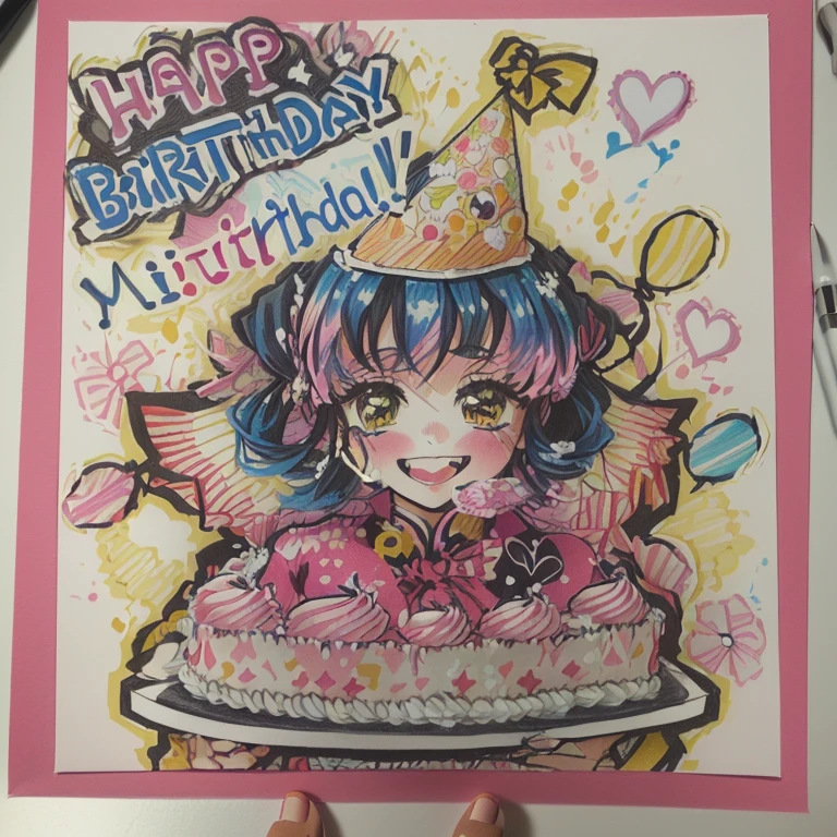 happy birthday card with a drawing of a girl with a birthday cake, mihoyo art style, full color drawing, birthday card, by Miyamoto, decora inspired illustrations, high quality colored sketch, colourful!! highly detailed, inspired by Satake Yoshiatsu, birthday cake, !!highly detailed!!, black ink & copic markers, colored drawing, added detail