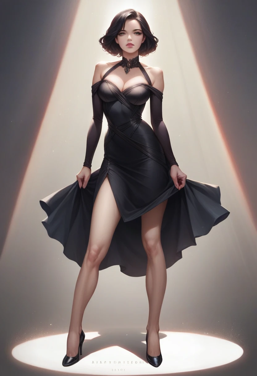 a beautiful woman wearing black high heels, black above-the-knee skirt, long dark hair, realistic, photorealistic, extremely detailed face, beautiful detailed eyes, beautiful detailed lips, extremely detailed facial features, masterpiece, 8k, high resolution, ultra-detailed, cinematic lighting, dramatic shadows, warm color tone, elegant, fashion, portrait