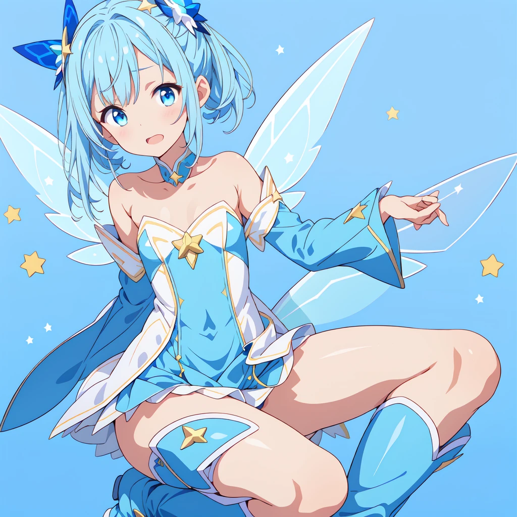 ((masterpiece))((Highest quality))Moon Fairy、girl、smile、blush、Flat Chest、Are thin、Blue Hair、blush、Are standing、Whole body image、Even your toes are visible、Eye level on face、front、No background、真frontのアングル、Pigtails