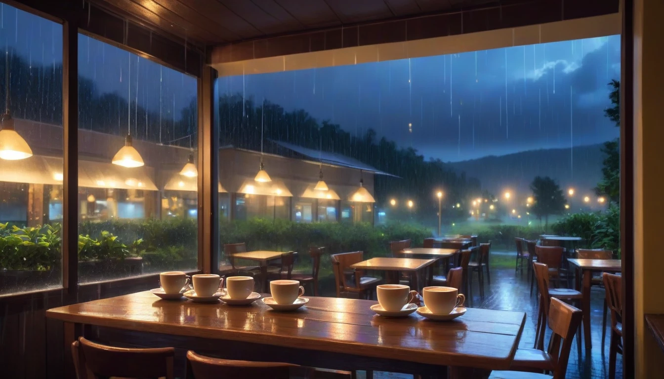 coffe shop at night, Coffe cups on the table, with window, landscape. rainning nature outside.