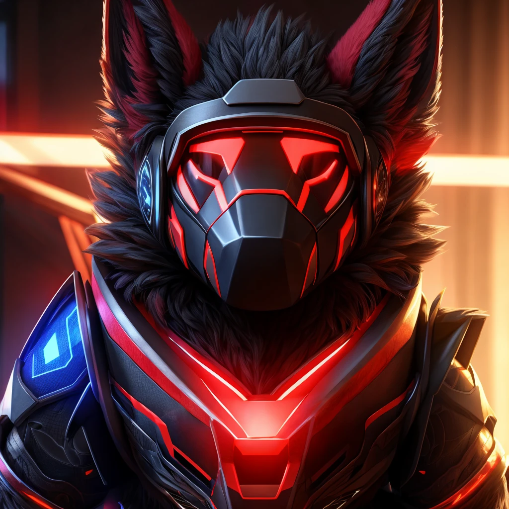 a red-black protogen, extremely detailed protogen face with visor, furry male, intricate robotic details, highly detailed, cinematic lighting, dramatic shadows, vibrant colors, award winning CGI, 8K resolution, photorealistic, hyper detailed