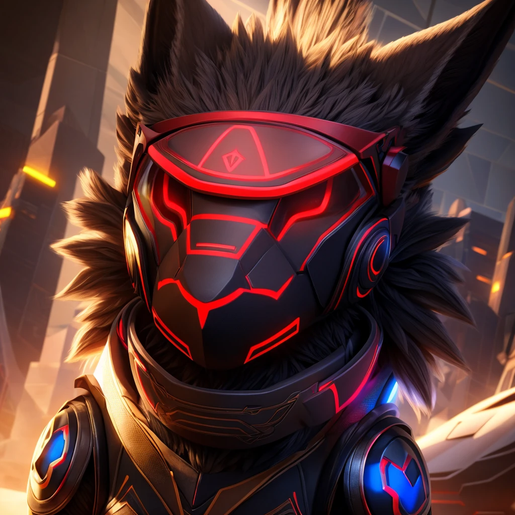 a red-black protogen, extremely detailed protogen face with visor, furry male, intricate robotic details, highly detailed, cinematic lighting, dramatic shadows, vibrant colors, award winning CGI, 8K resolution, photorealistic, hyper detailed