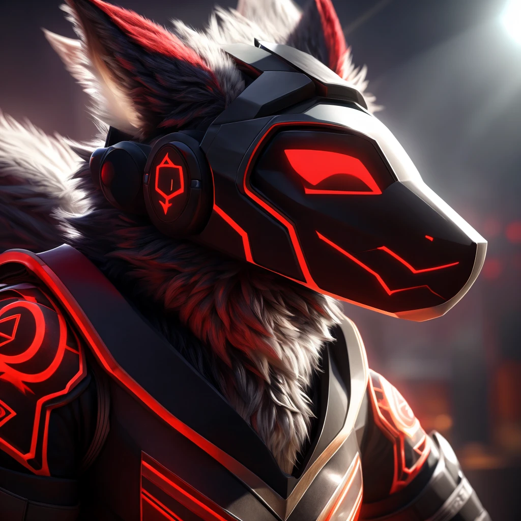 a red-black protogen, extremely detailed protogen face with visor, furry male, intricate robotic details, highly detailed, cinematic lighting, dramatic shadows, vibrant colors, award winning CGI, 8K resolution, photorealistic, hyper detailed