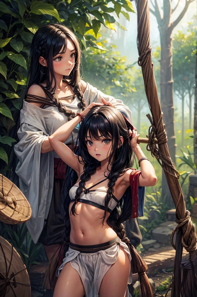 Best image quality, threaten, Holding a spear, primitive, Primary forest, In underwear, ""Primitive clothing"", woman, Black Hair, Tying up hair, paint